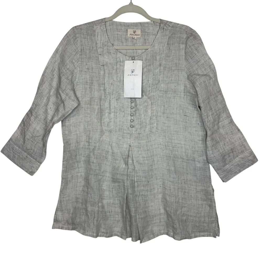 Anokhi Blouse Womens Large Gray Linen Pleated Tunic 3/4 Sleeve Button Front
